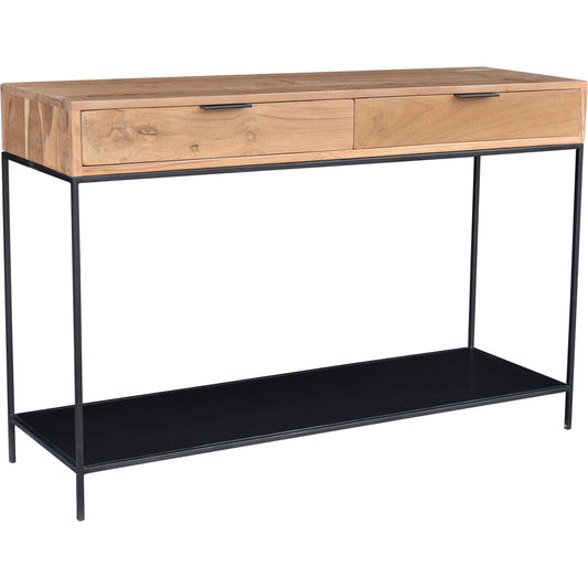 Joliet Console Table by Moe's Home Collection in natural and matt lacquer: no stain. Made from solid teak wood, iron frame in a modern style.