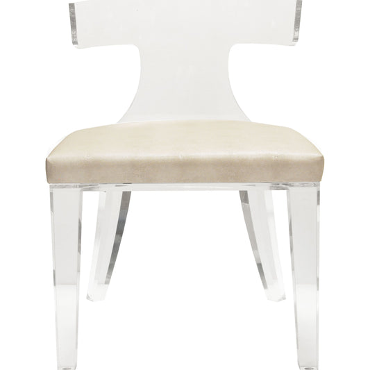 Duke Klismos Chair by Worlds Away in beige and clear. Made from acrylic, plywood, foam, vinyl in a modern style.