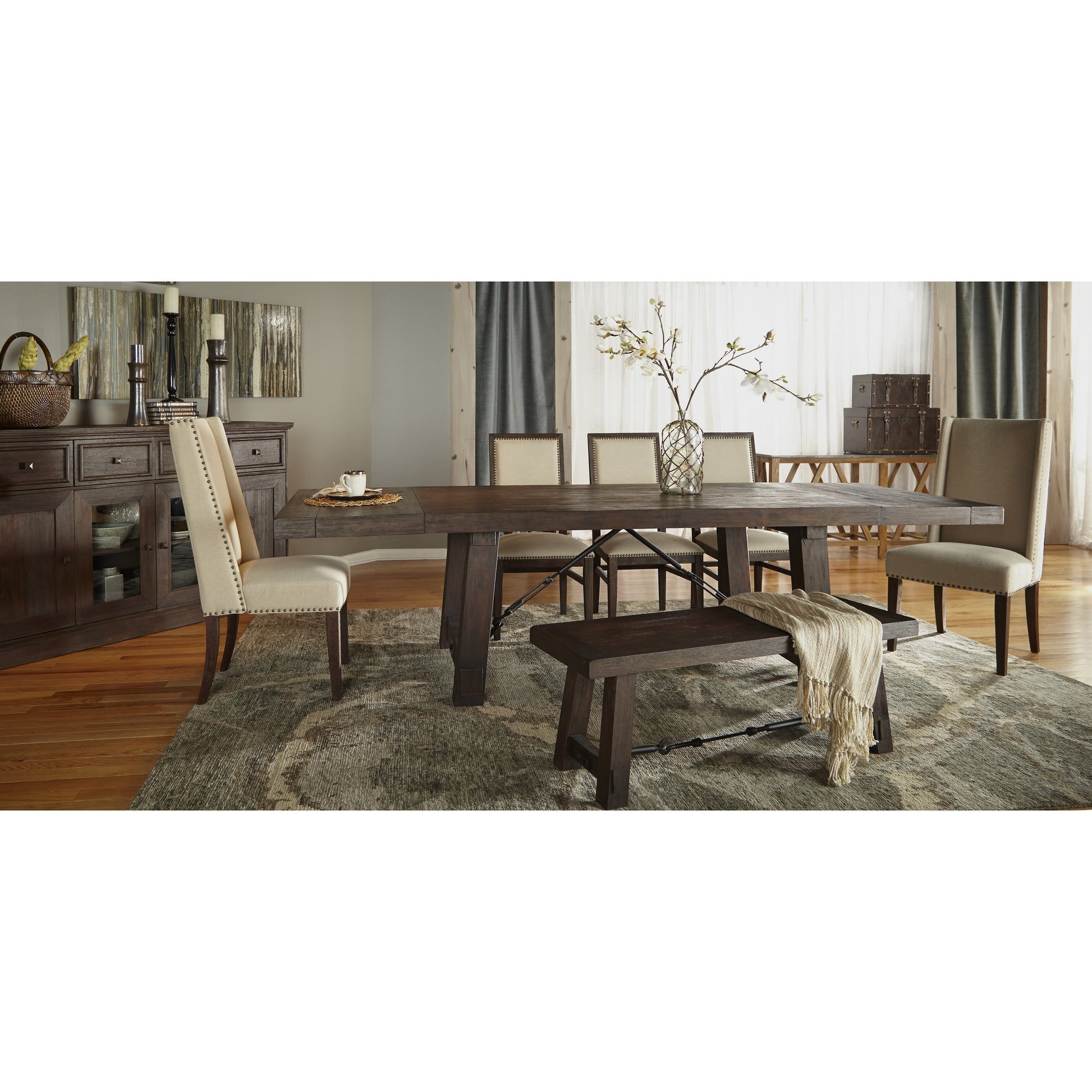 Dexter Dining Chair (Set of 2) by Essentials For Living in stone linen, natural gray, silver nail heads. Made from rubberwood, linen in a traditional style.