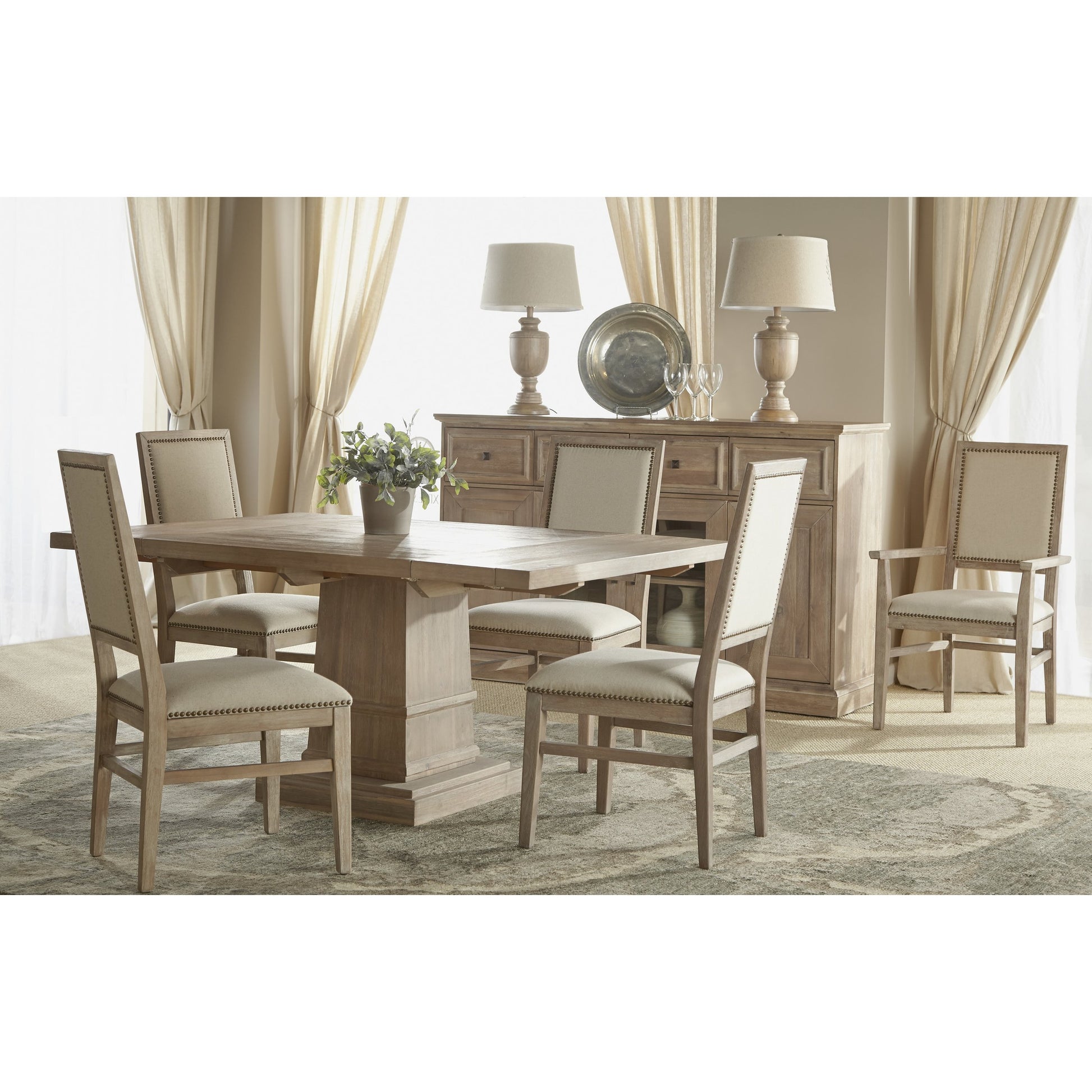 Dexter Dining Chair (Set of 2) by Essentials For Living in stone linen, natural gray, silver nail heads. Made from rubberwood, linen in a traditional style.