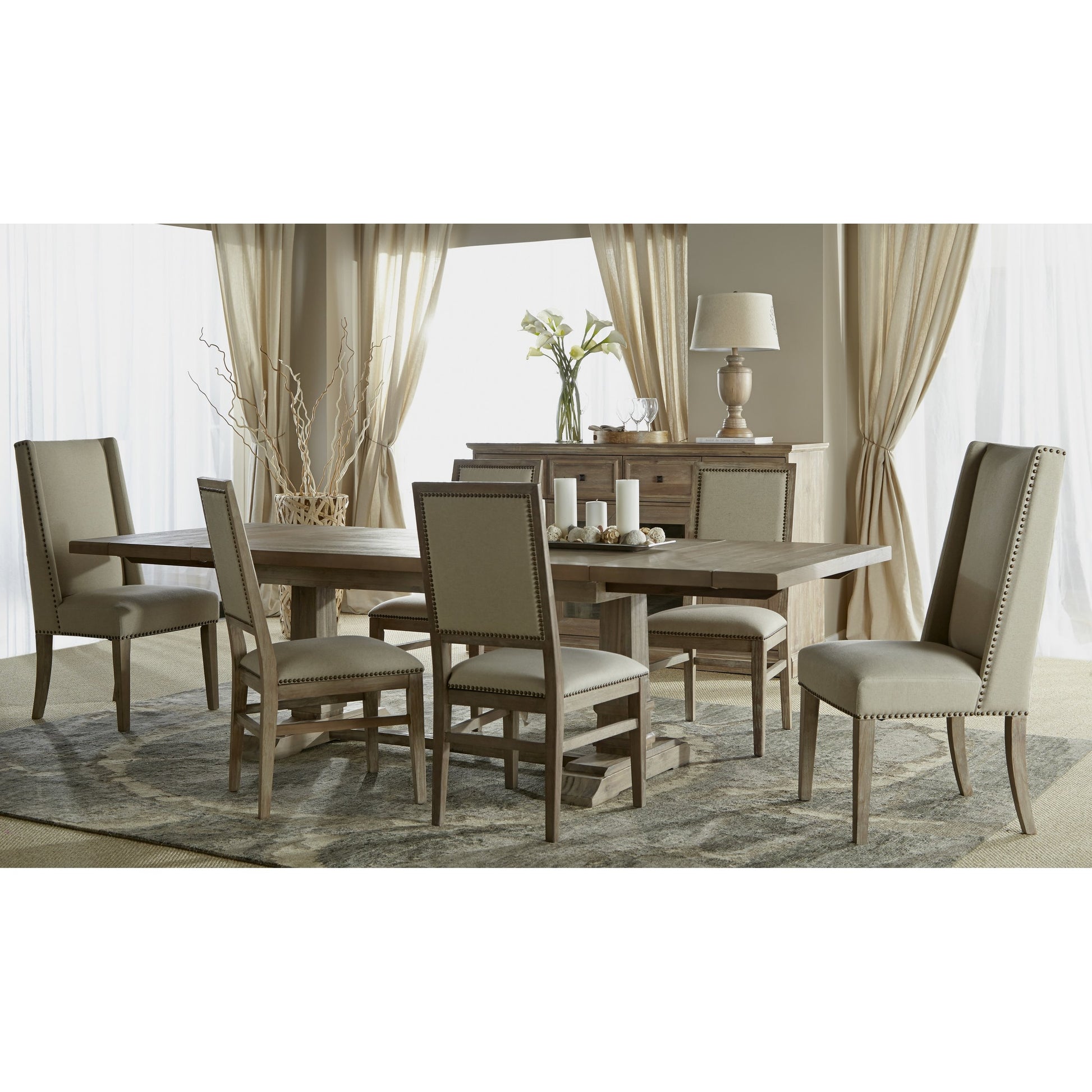 Dexter Dining Chair (Set of 2) by Essentials For Living in stone linen, natural gray, silver nail heads. Made from rubberwood, linen in a traditional style.