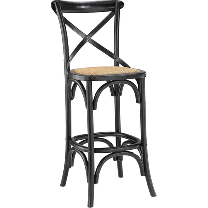 Easton Bar Stool by Evans & Londeen. Made from edge chinese elm wood, middle p2 plywood, top rattan, white foot pins in a cottage & farmhouse style.