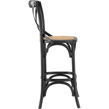Easton Bar Stool by Evans & Londeen. Made from edge chinese elm wood, middle p2 plywood, top rattan, white foot pins in a cottage & farmhouse style.