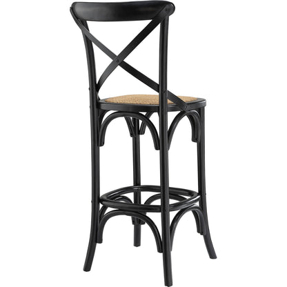 Easton Bar Stool by Evans & Londeen. Made from edge chinese elm wood, middle p2 plywood, top rattan, white foot pins in a cottage & farmhouse style.