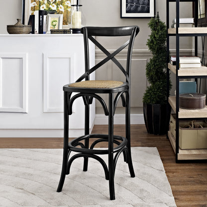 Easton Bar Stool by Evans & Londeen. Made from edge chinese elm wood, middle p2 plywood, top rattan, white foot pins in a cottage & farmhouse style.