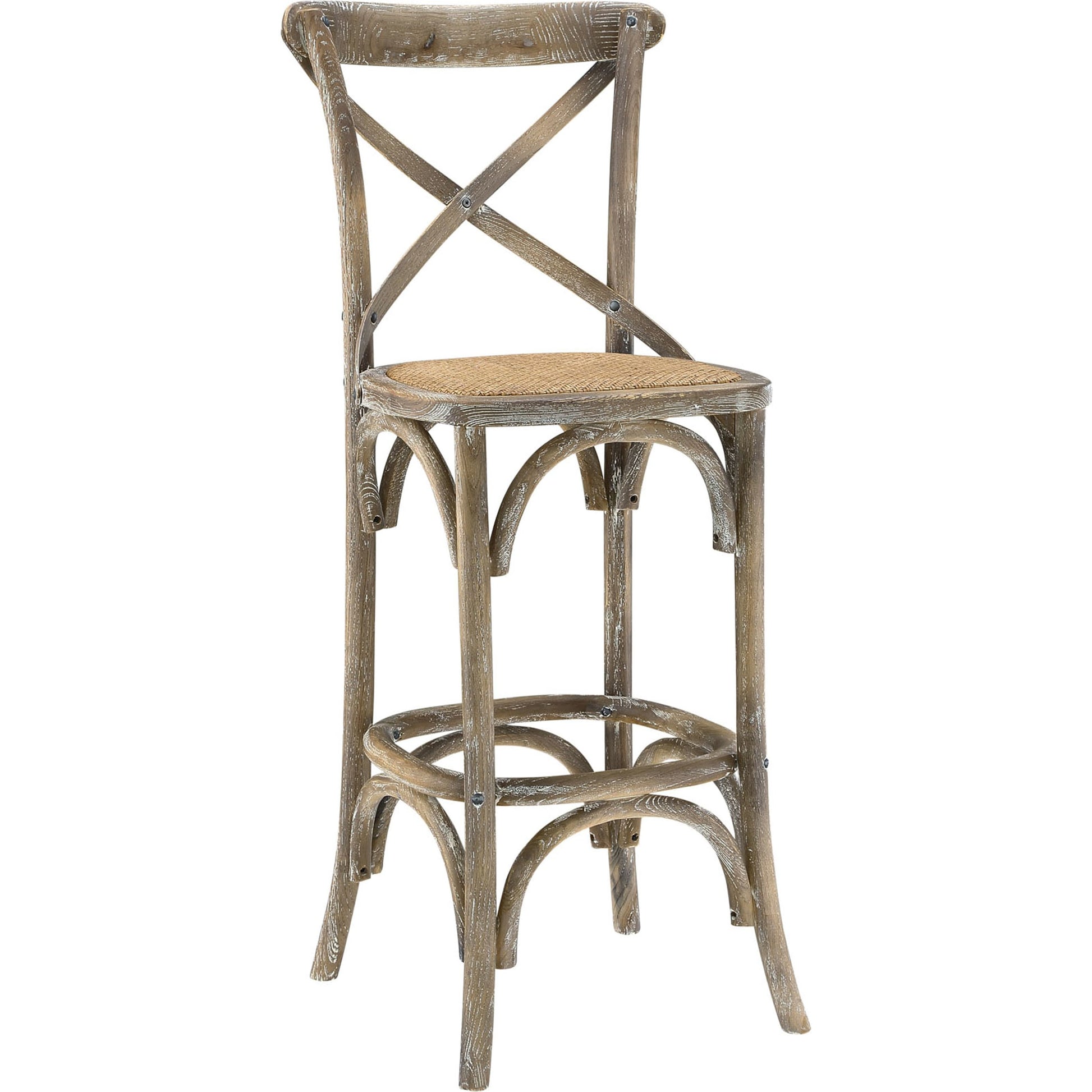 Easton Bar Stool by Evans & Londeen. Made from edge chinese elm wood, middle p2 plywood, top rattan, white foot pins in a cottage & farmhouse style.