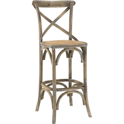 Easton Bar Stool by Evans & Londeen. Made from edge chinese elm wood, middle p2 plywood, top rattan, white foot pins in a cottage & farmhouse style.