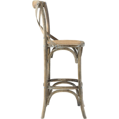 Easton Bar Stool by Evans & Londeen. Made from edge chinese elm wood, middle p2 plywood, top rattan, white foot pins in a cottage & farmhouse style.