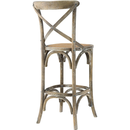 Easton Bar Stool by Evans & Londeen. Made from edge chinese elm wood, middle p2 plywood, top rattan, white foot pins in a cottage & farmhouse style.