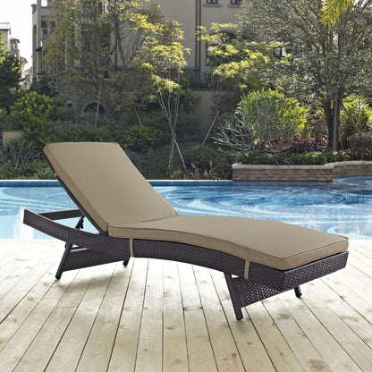Amelia Outdoor Patio Chaise by Evans & Londeen. Made from synthetic rattan weave, powder coated aluminum, cushion density is 24kg, m3 in a modern style.