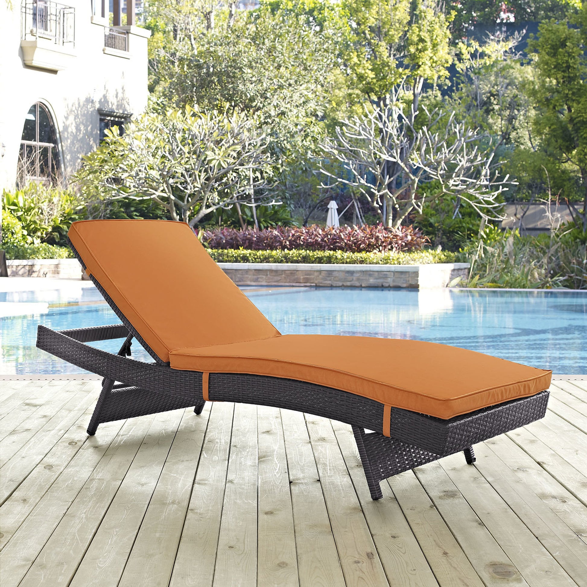 Amelia Outdoor Patio Chaise by Evans & Londeen. Made from synthetic rattan weave, powder coated aluminum, cushion density is 24kg, m3 in a modern style.