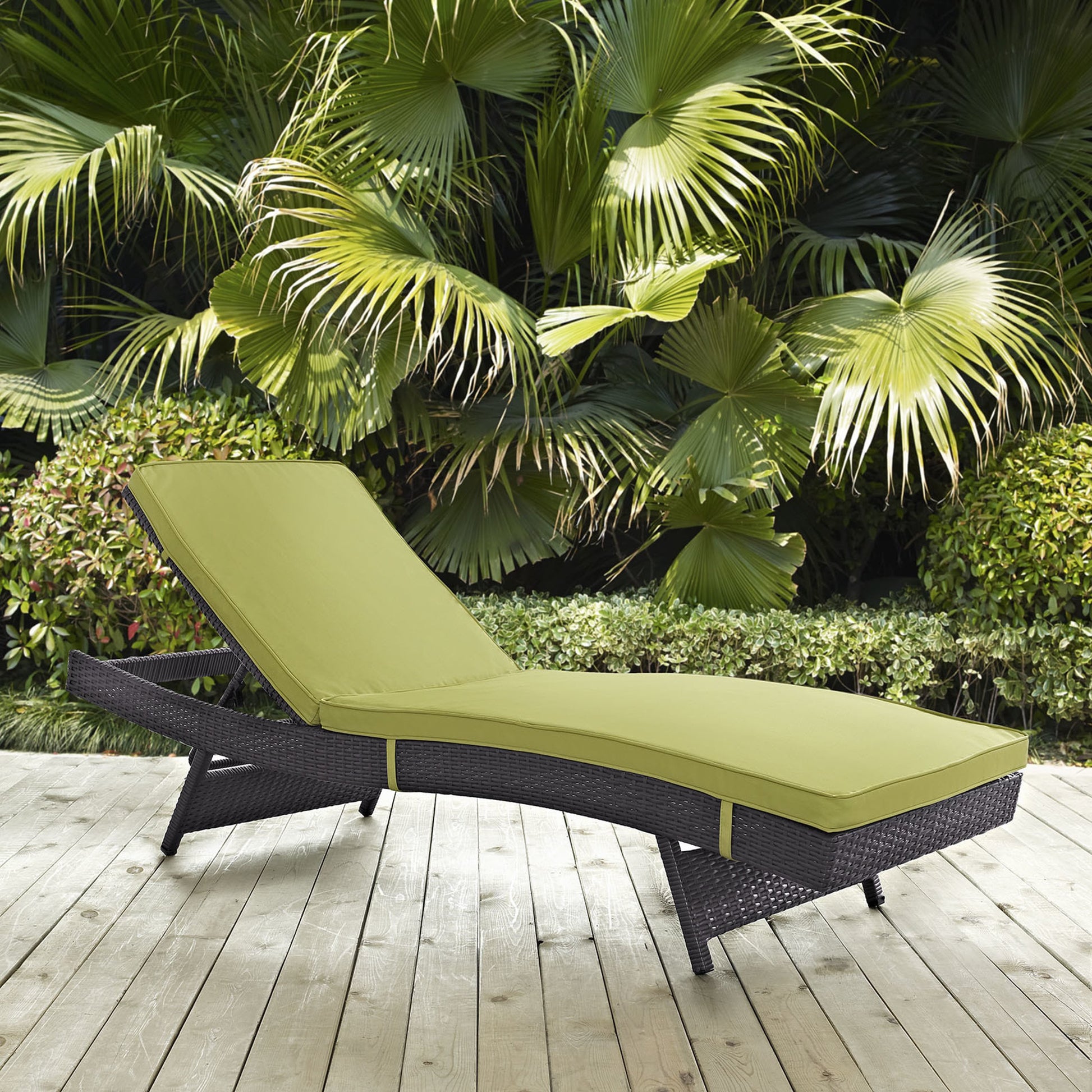 Amelia Outdoor Patio Chaise by Evans & Londeen. Made from synthetic rattan weave, powder coated aluminum, cushion density is 24kg, m3 in a modern style.