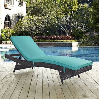 Amelia Outdoor Patio Chaise by Evans & Londeen. Made from synthetic rattan weave, powder coated aluminum, cushion density is 24kg, m3 in a modern style.