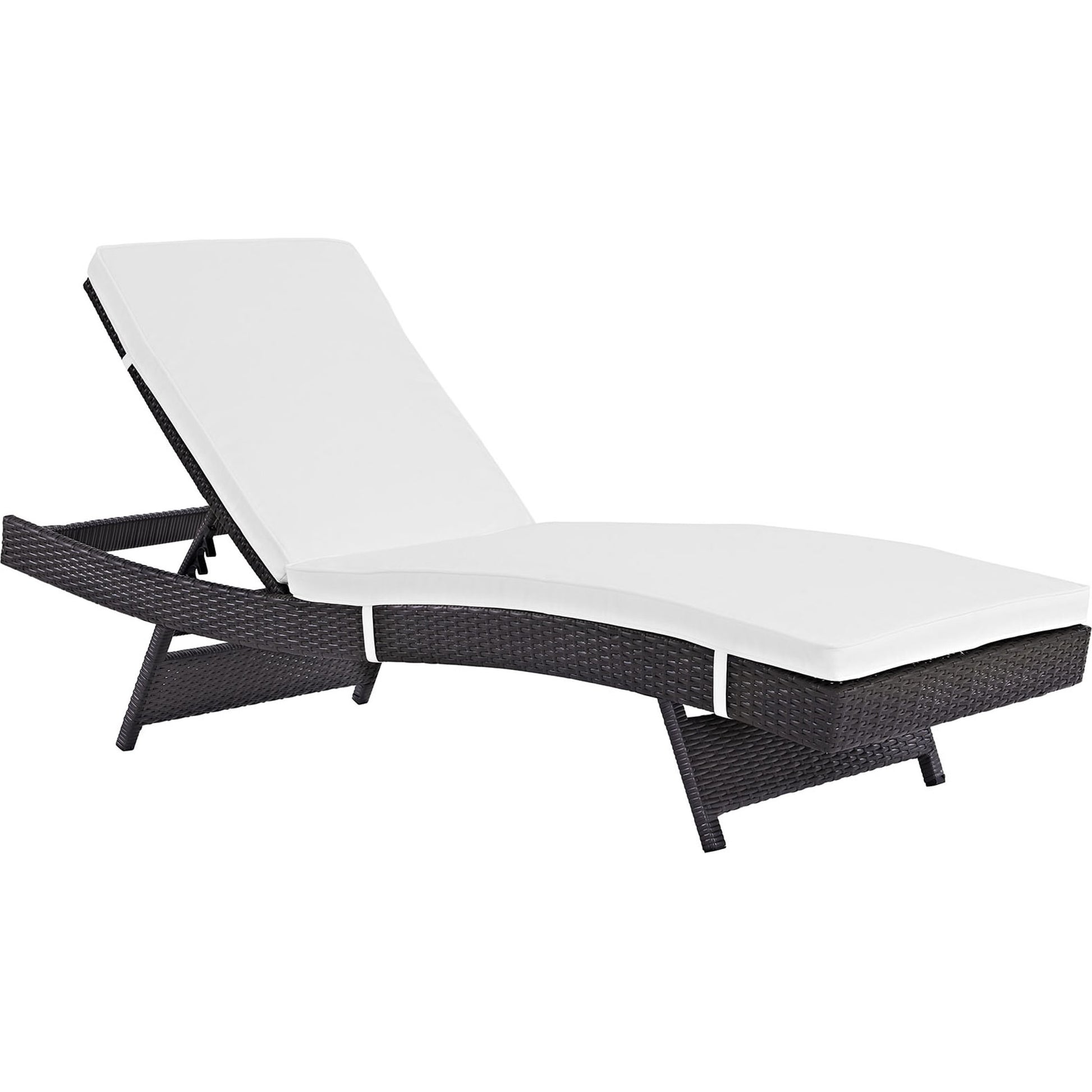 Amelia Outdoor Patio Chaise by Evans & Londeen. Made from synthetic rattan weave, powder coated aluminum, cushion density is 24kg, m3 in a modern style.