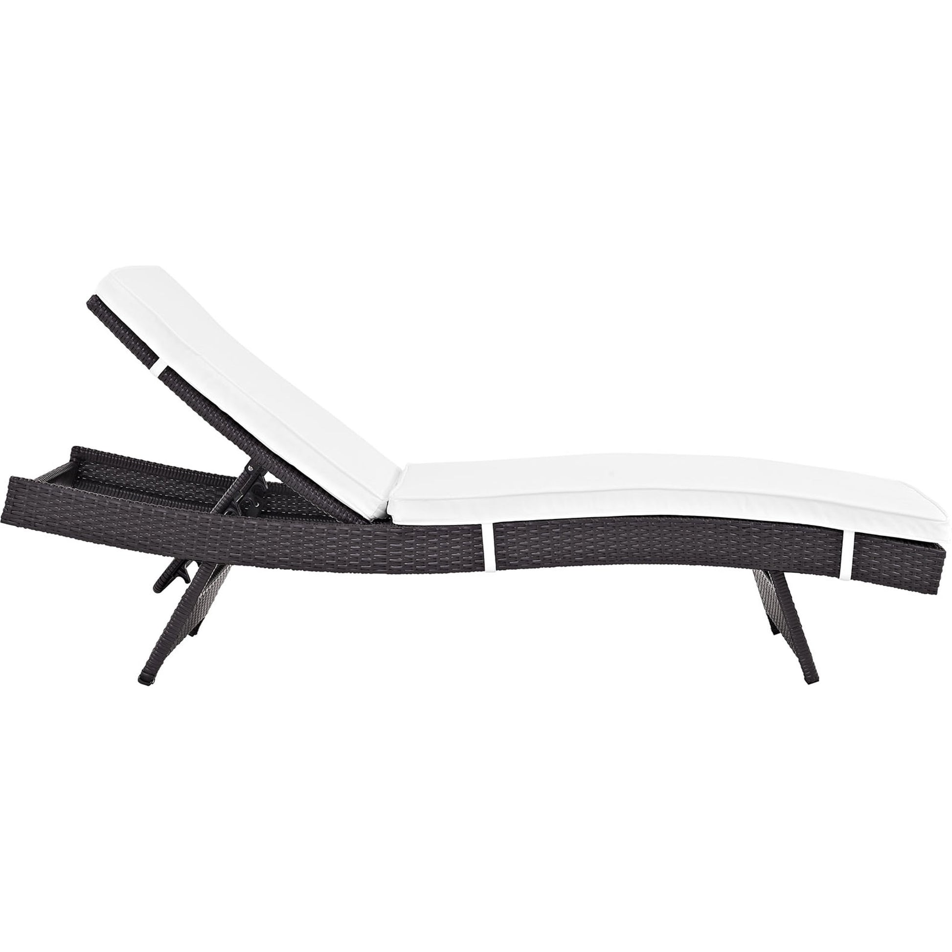 Amelia Outdoor Patio Chaise by Evans & Londeen. Made from synthetic rattan weave, powder coated aluminum, cushion density is 24kg, m3 in a modern style.