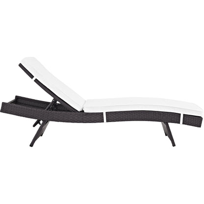 Amelia Outdoor Patio Chaise by Evans & Londeen. Made from synthetic rattan weave, powder coated aluminum, cushion density is 24kg, m3 in a modern style.