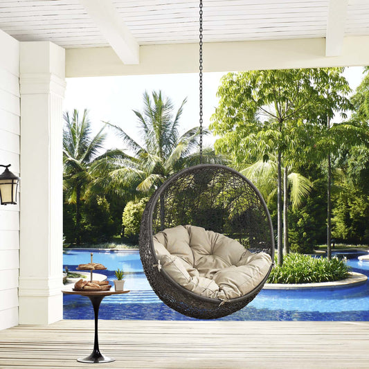 Asher Swing Chair Without Stand by Evans & Londeen. Made from pe round rattan, weimas fabric outer cover, polyester fiber with nonwoven fabric inner cover, 100% polyester, powder coated steel frame in a eclectic & global style.
