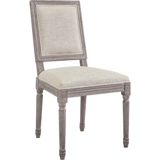 Max Vintage French Dining Side Chair by Evans & Londeen in beige. Made from rubber wood, m3 density foam, fabric 100% polyester, materials supplier: yuhua in a traditional style.