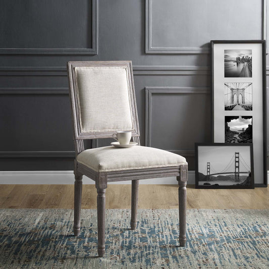 Max Dining Side Chair by Evans & Londeen in beige. Made from rubber wood, m3 density foam, fabric 100% polyester, materials supplier: yuhua in a traditional style.