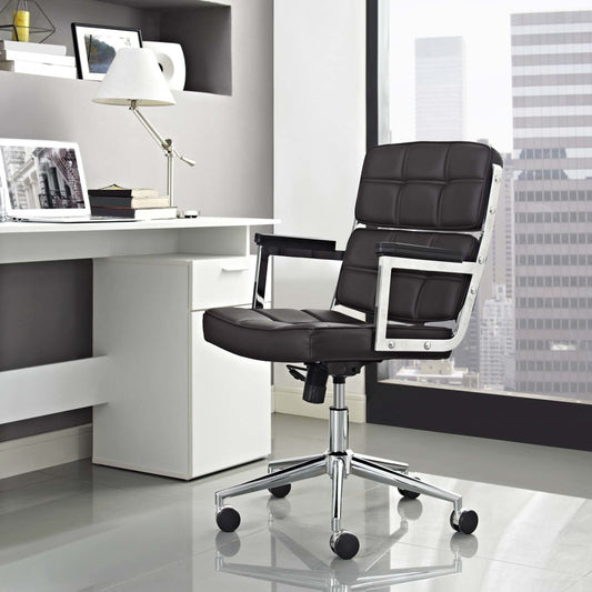 Ditton Highback Vinyl Office Chair by Evans & Londeen in brown. Made from radius 320mm five star chrome steel base, powder coating chassis, seater cushion: bent wood frame, foam density 28g, m3, pu leather, backrest cushion: bent