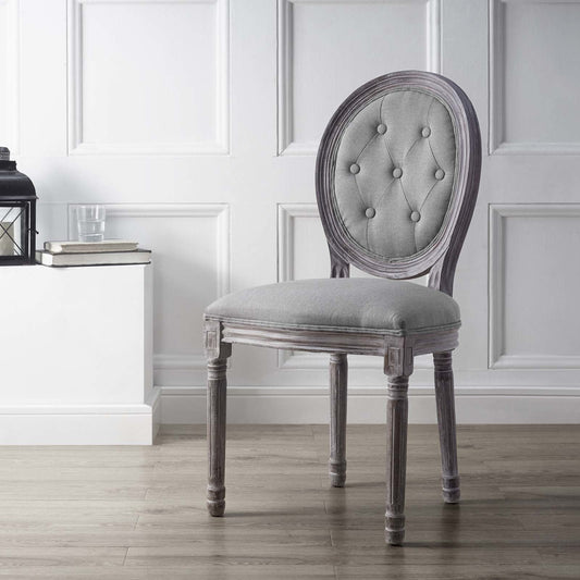 Addison Vintage French Dining Side Chair by Evans & Londeen in light gray. Made from rubber wood, fabric 100% polyester, bent wood, m3 density foam in a traditional style.