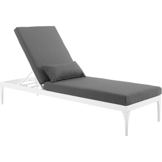 Crockett Cushion Chaise Lounge Chair by Evans & Londeen. Made from foam 3in thick, grey-weimas#7101-20, charcoal-solution dye#mw003, navy-weimas#7101-76, peridot-weimas#5201-82, turquoise-weimas#1451-13, aluminum frame, kd st