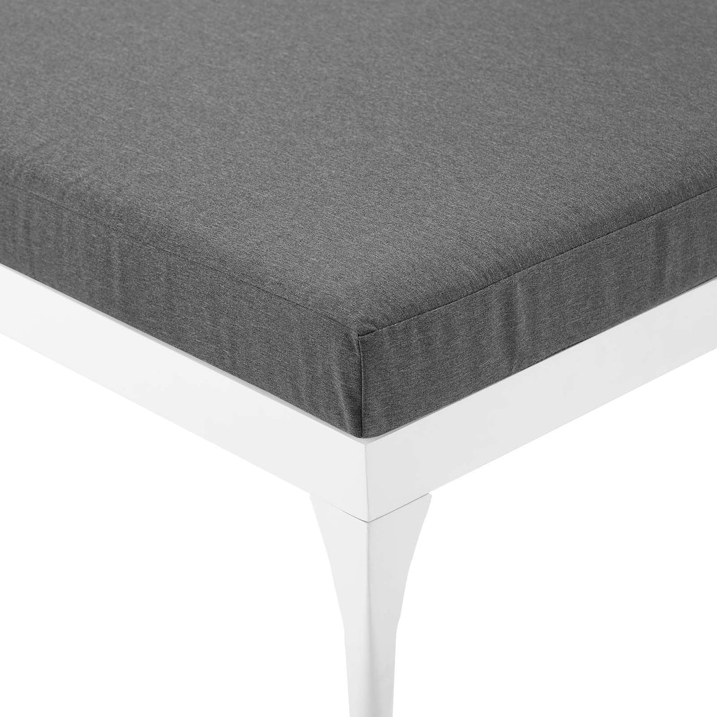 015 SR-390297 | Closeup | Crockett Cushion Chaise Lounge Chair by Evans & Londeen. Made from foam 3in thick, grey-weimas#7101-20, charcoal-solution dye#mw003, navy-weimas#7101-76, peridot-weimas#5201-82, turquoise-weimas#1451-13, aluminum frame, kd structu