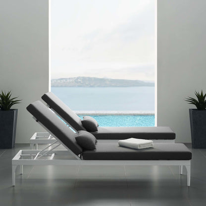 Crockett Cushion Chaise Lounge Chair by Evans & Londeen. Made from foam 3in thick, grey-weimas#7101-20, charcoal-solution dye#mw003, navy-weimas#7101-76, peridot-weimas#5201-82, turquoise-weimas#1451-13, aluminum frame, kd struc