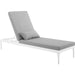 Crockett Cushion Chaise Lounge Chair by Evans & Londeen. Made from foam 3in thick, grey-weimas#7101-20, charcoal-solution dye#mw003, navy-weimas#7101-76, peridot-weimas#5201-82, turquoise-weimas#1451-13, aluminum frame, kd st