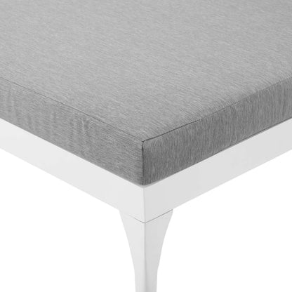 Crockett Cushion Chaise Lounge Chair by Evans & Londeen. Made from foam 3in thick, grey-weimas#7101-20, charcoal-solution dye#mw003, navy-weimas#7101-76, peridot-weimas#5201-82, turquoise-weimas#1451-13, aluminum frame, kd structu