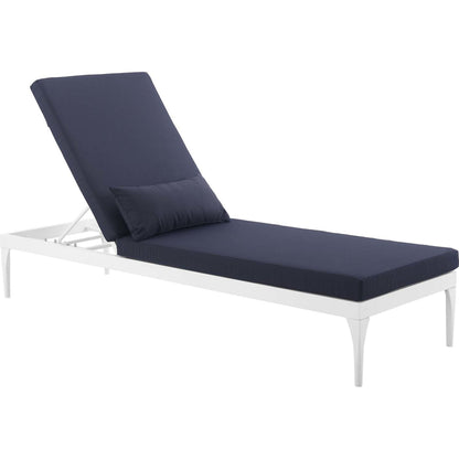 Crockett Cushion Chaise Lounge Chair by Evans & Londeen. Made from foam 3in thick, grey-weimas#7101-20, charcoal-solution dye#mw003, navy-weimas#7101-76, peridot-weimas#5201-82, turquoise-weimas#1451-13, aluminum frame, kd st