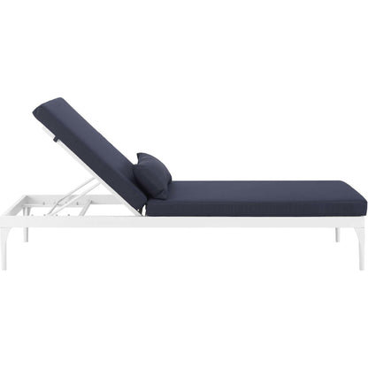 Crockett Cushion Chaise Lounge Chair by Evans & Londeen. Made from foam 3in thick, grey-weimas#7101-20, charcoal-solution dye#mw003, navy-weimas#7101-76, peridot-weimas#5201-82, turquoise-weimas#1451-13, aluminum frame, kd structure fo