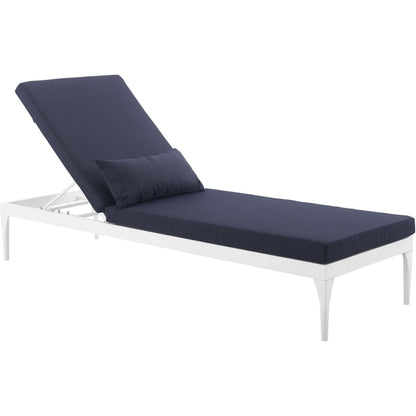 Crockett Cushion Chaise Lounge Chair by Evans & Londeen. Made from foam 3in thick, grey-weimas#7101-20, charcoal-solution dye#mw003, navy-weimas#7101-76, peridot-weimas#5201-82, turquoise-weimas#1451-13, aluminum frame, kd structure fo