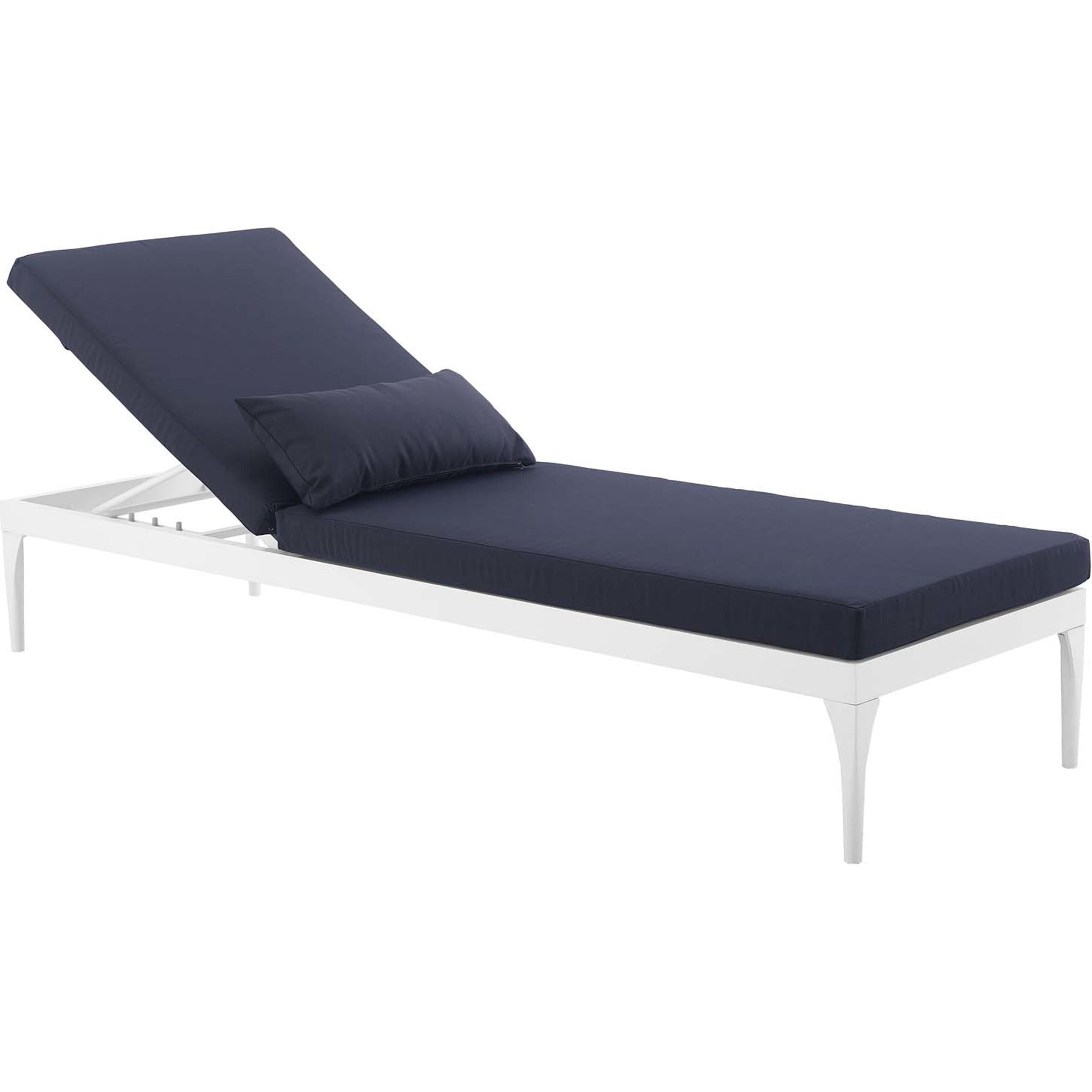 Crockett Cushion Chaise Lounge Chair by Evans & Londeen. Made from foam 3in thick, grey-weimas#7101-20, charcoal-solution dye#mw003, navy-weimas#7101-76, peridot-weimas#5201-82, turquoise-weimas#1451-13, aluminum frame, kd structure fo