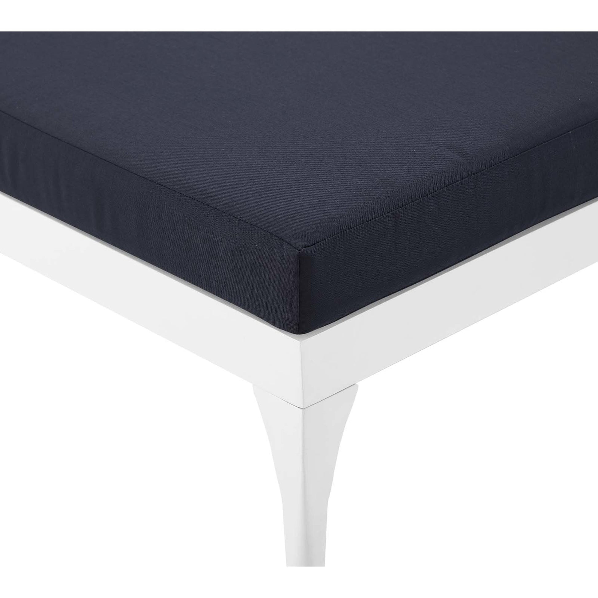 Crockett Cushion Chaise Lounge Chair by Evans & Londeen. Made from foam 3in thick, grey-weimas#7101-20, charcoal-solution dye#mw003, navy-weimas#7101-76, peridot-weimas#5201-82, turquoise-weimas#1451-13, aluminum frame, kd structu