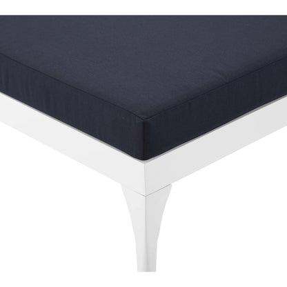 Crockett Cushion Chaise Lounge Chair by Evans & Londeen. Made from foam 3in thick, grey-weimas#7101-20, charcoal-solution dye#mw003, navy-weimas#7101-76, peridot-weimas#5201-82, turquoise-weimas#1451-13, aluminum frame, kd structu