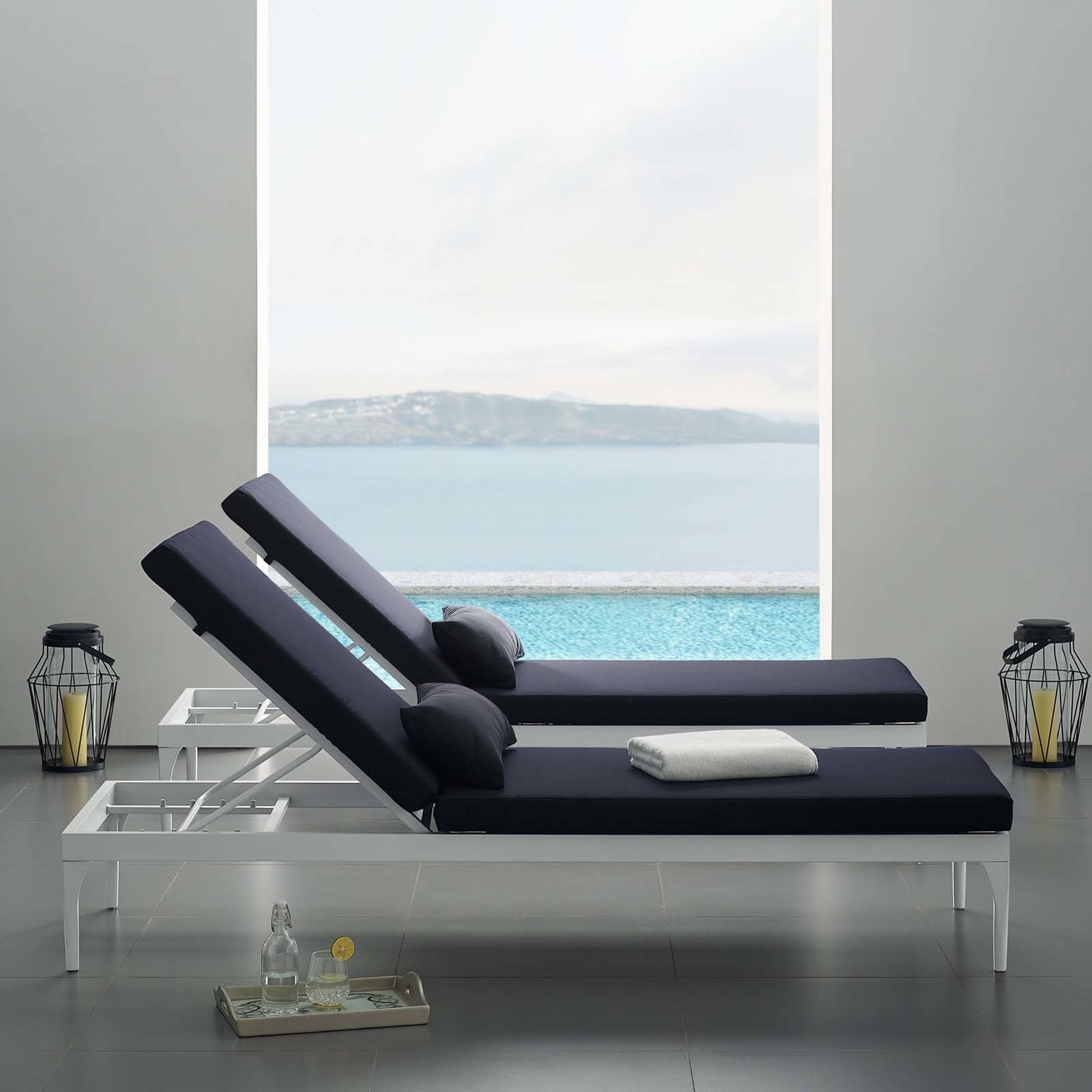 Crockett Cushion Chaise Lounge Chair by Evans & Londeen. Made from foam 3in thick, grey-weimas#7101-20, charcoal-solution dye#mw003, navy-weimas#7101-76, peridot-weimas#5201-82, turquoise-weimas#1451-13, aluminum frame, kd struc