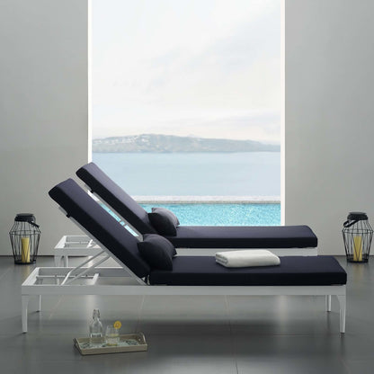 Crockett Cushion Chaise Lounge Chair by Evans & Londeen. Made from foam 3in thick, grey-weimas#7101-20, charcoal-solution dye#mw003, navy-weimas#7101-76, peridot-weimas#5201-82, turquoise-weimas#1451-13, aluminum frame, kd struc