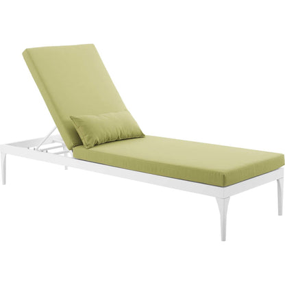 Crockett Cushion Chaise Lounge Chair by Evans & Londeen. Made from foam 3in thick, grey-weimas#7101-20, charcoal-solution dye#mw003, navy-weimas#7101-76, peridot-weimas#5201-82, turquoise-weimas#1451-13, aluminum frame, kd st