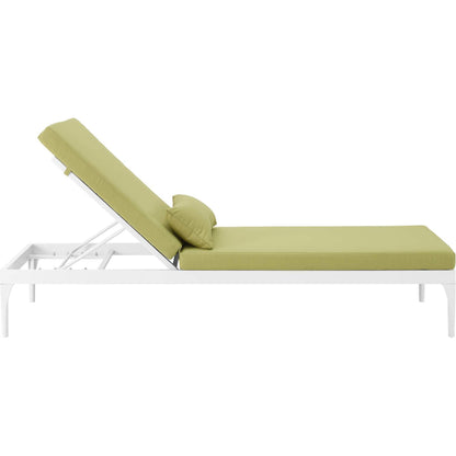 Crockett Cushion Chaise Lounge Chair by Evans & Londeen. Made from foam 3in thick, grey-weimas#7101-20, charcoal-solution dye#mw003, navy-weimas#7101-76, peridot-weimas#5201-82, turquoise-weimas#1451-13, aluminum frame, kd structure fo