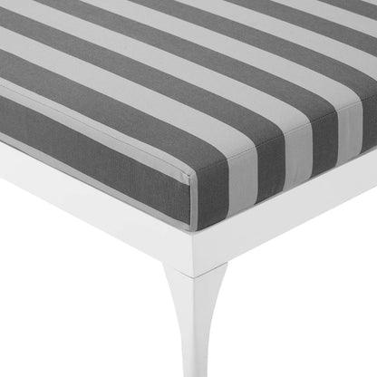 Crockett Cushion Chaise Lounge Chair by Evans & Londeen. Made from foam 3in thick, grey-weimas#7101-20, charcoal-solution dye#mw003, navy-weimas#7101-76, peridot-weimas#5201-82, turquoise-weimas#1451-13, aluminum frame, kd structu