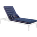 Crockett Cushion Chaise Lounge Chair by Evans & Londeen. Made from foam 3in thick, grey-weimas#7101-20, charcoal-solution dye#mw003, navy-weimas#7101-76, peridot-weimas#5201-82, turquoise-weimas#1451-13, aluminum frame, kd st