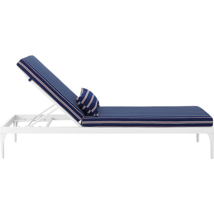 Crockett Cushion Chaise Lounge Chair by Evans & Londeen. Made from foam 3in thick, grey-weimas#7101-20, charcoal-solution dye#mw003, navy-weimas#7101-76, peridot-weimas#5201-82, turquoise-weimas#1451-13, aluminum frame, kd structure fo
