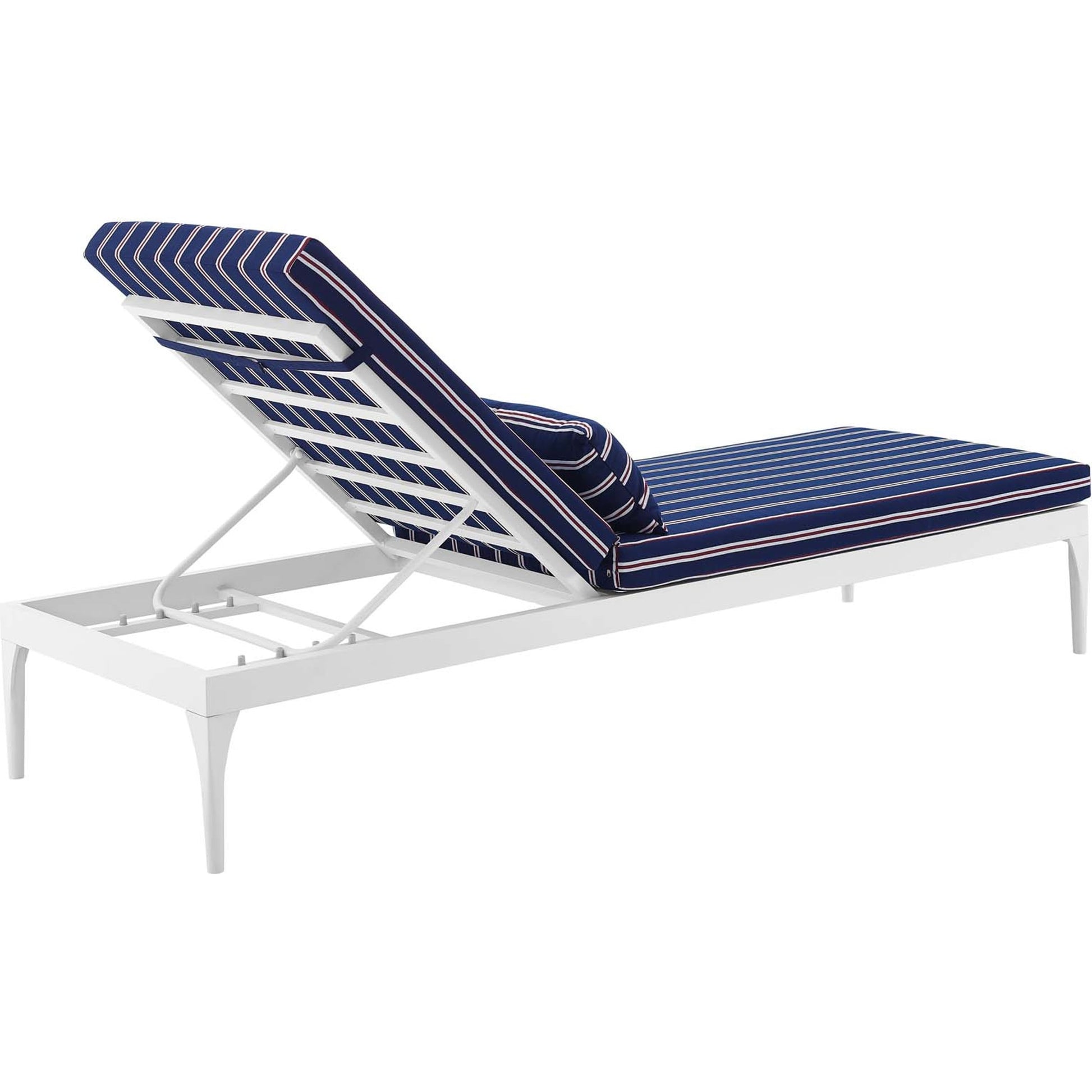 Crockett Cushion Chaise Lounge Chair by Evans & Londeen. Made from foam 3in thick, grey-weimas#7101-20, charcoal-solution dye#mw003, navy-weimas#7101-76, peridot-weimas#5201-82, turquoise-weimas#1451-13, aluminum frame, kd