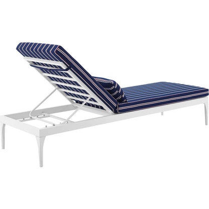 Crockett Cushion Chaise Lounge Chair by Evans & Londeen. Made from foam 3in thick, grey-weimas#7101-20, charcoal-solution dye#mw003, navy-weimas#7101-76, peridot-weimas#5201-82, turquoise-weimas#1451-13, aluminum frame, kd