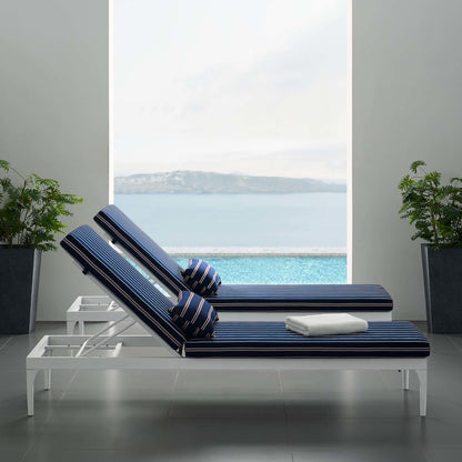 Crockett Cushion Chaise Lounge Chair by Evans & Londeen. Made from foam 3in thick, grey-weimas#7101-20, charcoal-solution dye#mw003, navy-weimas#7101-76, peridot-weimas#5201-82, turquoise-weimas#1451-13, aluminum frame, kd struc
