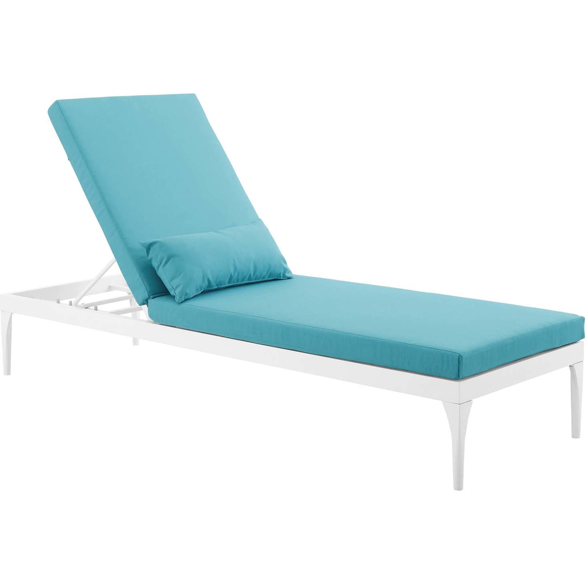 Crockett Cushion Chaise Lounge Chair by Evans & Londeen. Made from foam 3in thick, grey-weimas#7101-20, charcoal-solution dye#mw003, navy-weimas#7101-76, peridot-weimas#5201-82, turquoise-weimas#1451-13, aluminum frame, kd st