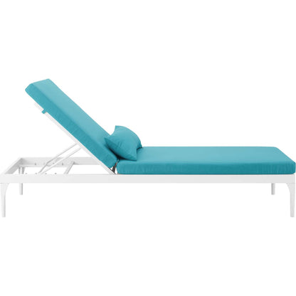 Crockett Cushion Chaise Lounge Chair by Evans & Londeen. Made from foam 3in thick, grey-weimas#7101-20, charcoal-solution dye#mw003, navy-weimas#7101-76, peridot-weimas#5201-82, turquoise-weimas#1451-13, aluminum frame, kd structure fo