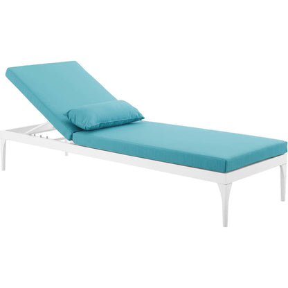 Crockett Cushion Chaise Lounge Chair by Evans & Londeen. Made from foam 3in thick, grey-weimas#7101-20, charcoal-solution dye#mw003, navy-weimas#7101-76, peridot-weimas#5201-82, turquoise-weimas#1451-13, aluminum frame, kd structure fo