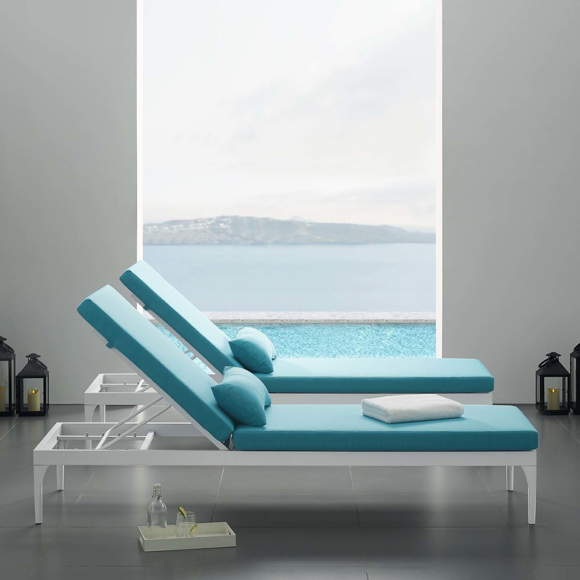 Crockett Cushion Chaise Lounge Chair by Evans & Londeen. Made from foam 3in thick, grey-weimas#7101-20, charcoal-solution dye#mw003, navy-weimas#7101-76, peridot-weimas#5201-82, turquoise-weimas#1451-13, aluminum frame, kd struc